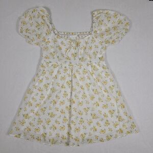 Altar'd State Mini Dress Size Large White Yellow Floral Puff Sleeves Smocked